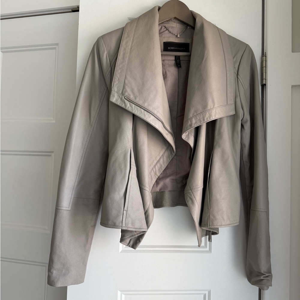 BCBGMaxAzria Taupe Draped Leather Jacket
